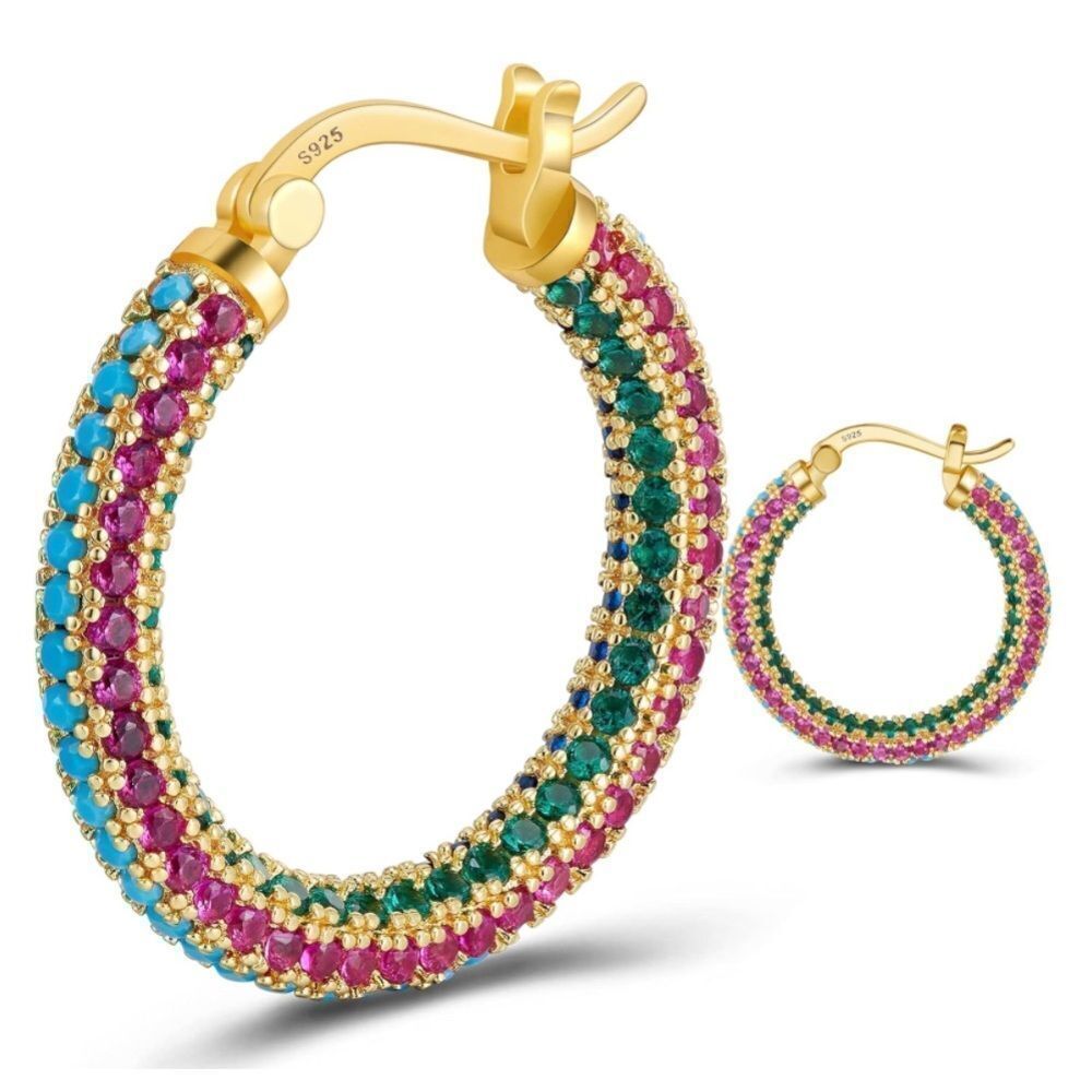 14K Yellow Gold Sterling Silver with Multicolored Cubic Zirconia Hoop Earrings